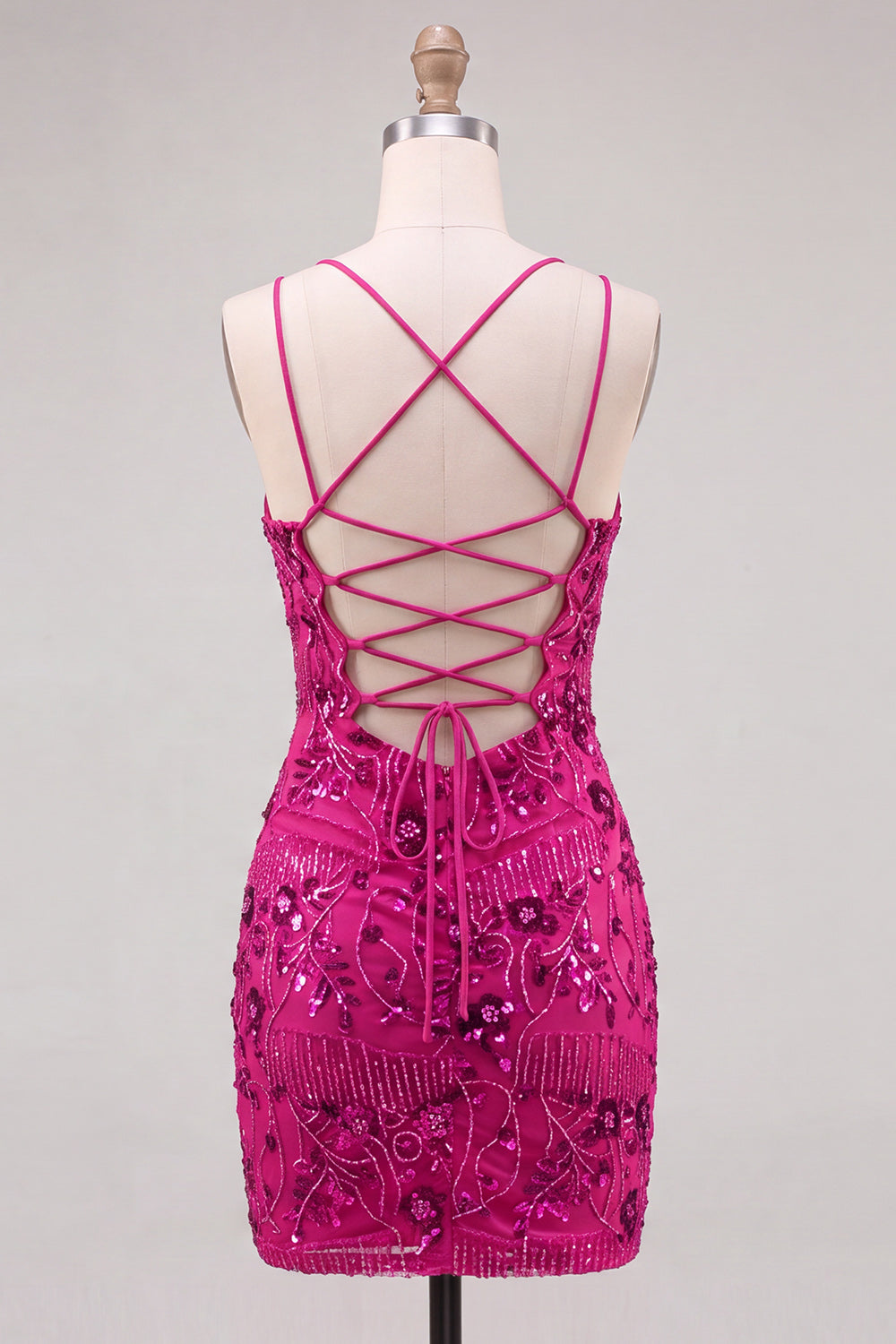 Fuchsia Bodycon Lace Up Back Floral Short Homecoming Dress with Sequins
