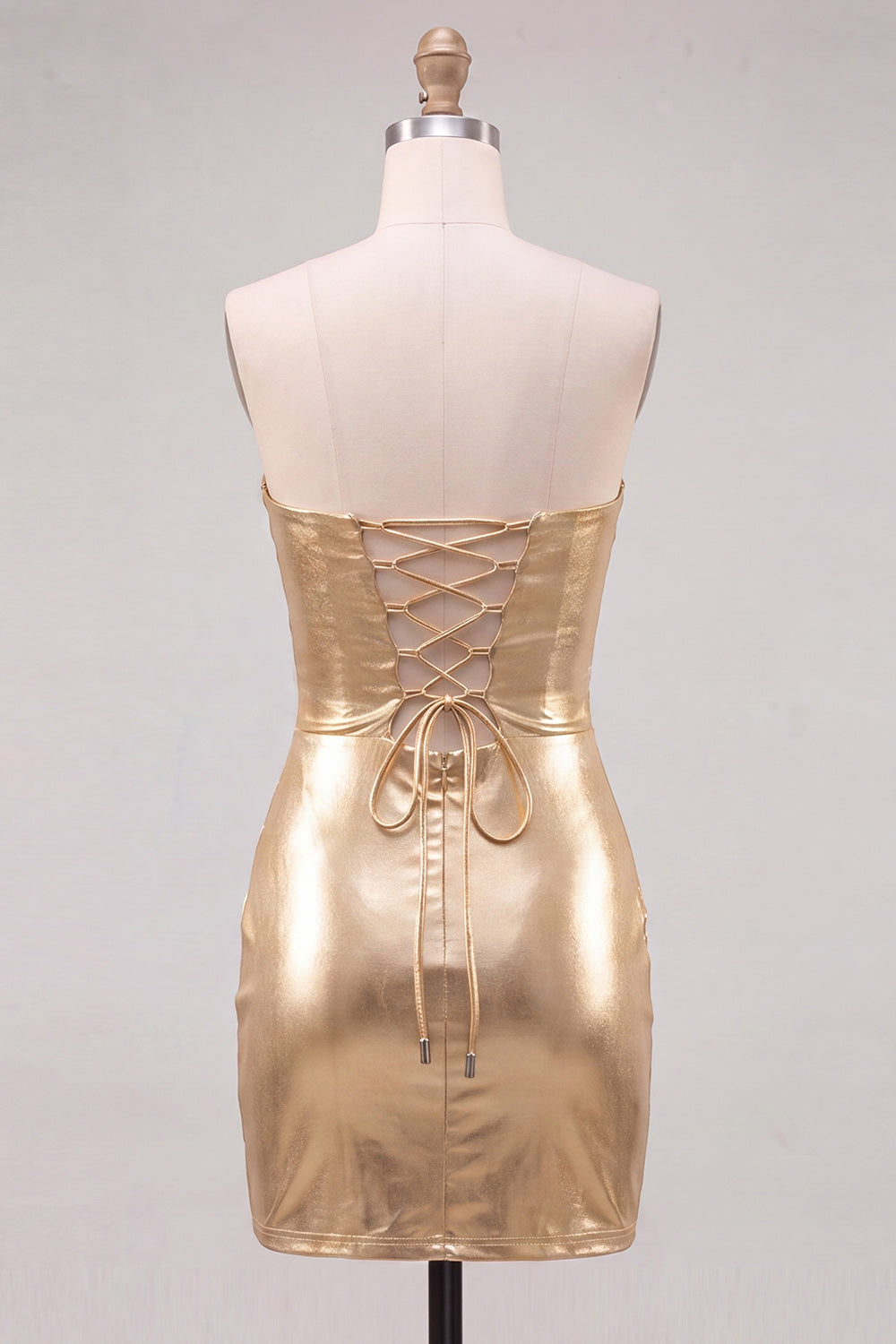 Robe de bal de promo homecoming style années 80 dorée Sweetheart Bodycon en dentelle métallisée avec découpe "keyhole" au dos lacé