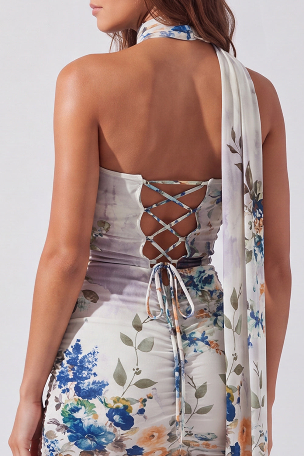 Strapless Ivory Floral Bodycon Short Homecoming Dress with Lace Up Back