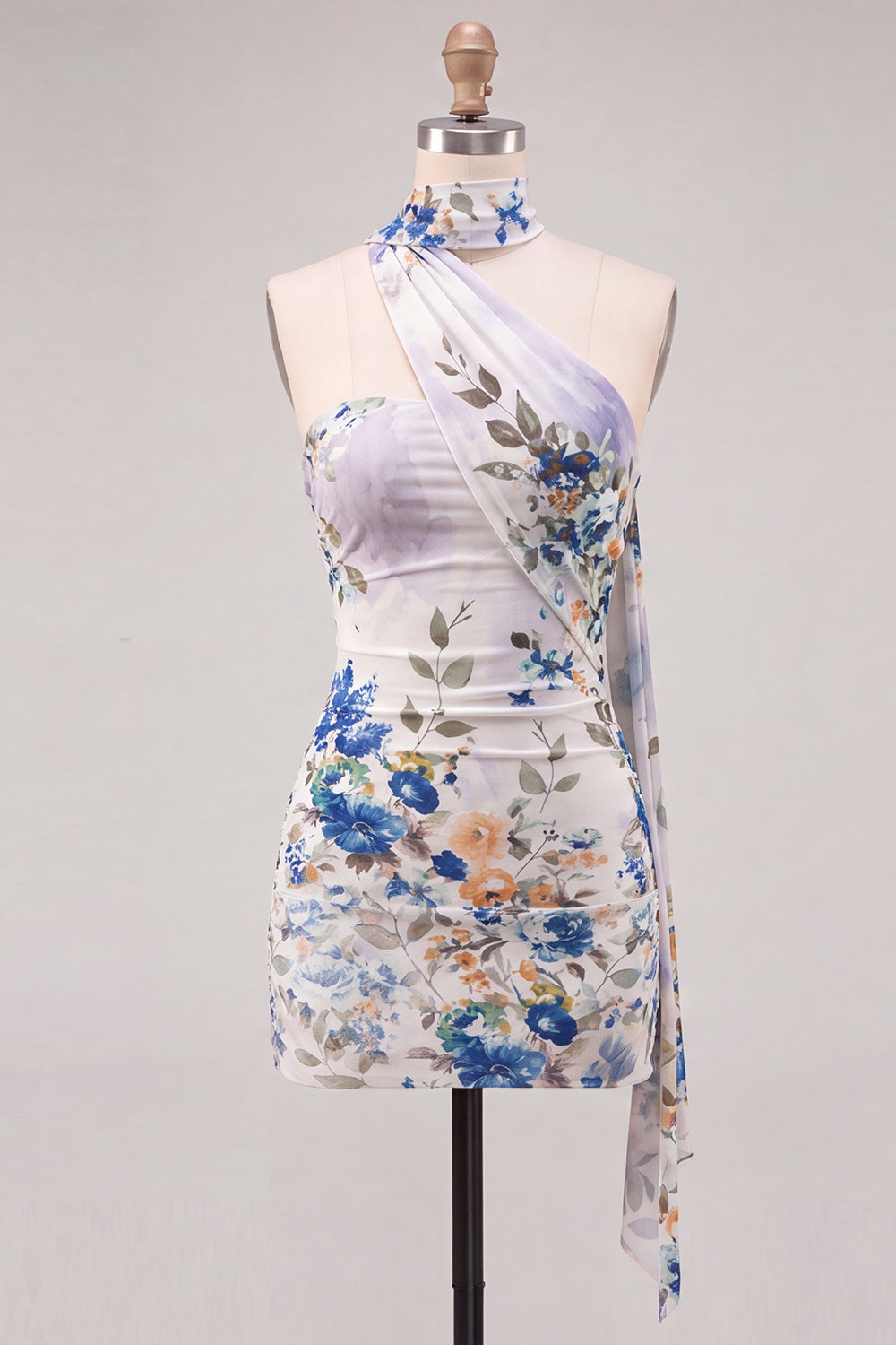Strapless Ivory Floral Bodycon Short Homecoming Dress with Lace Up Back