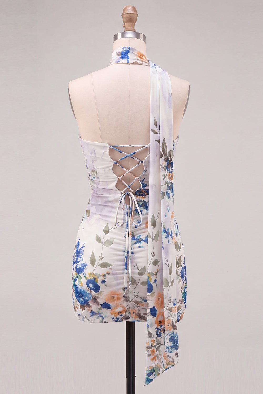 Strapless Ivory Floral Bodycon Short Homecoming Dress with Lace Up Back