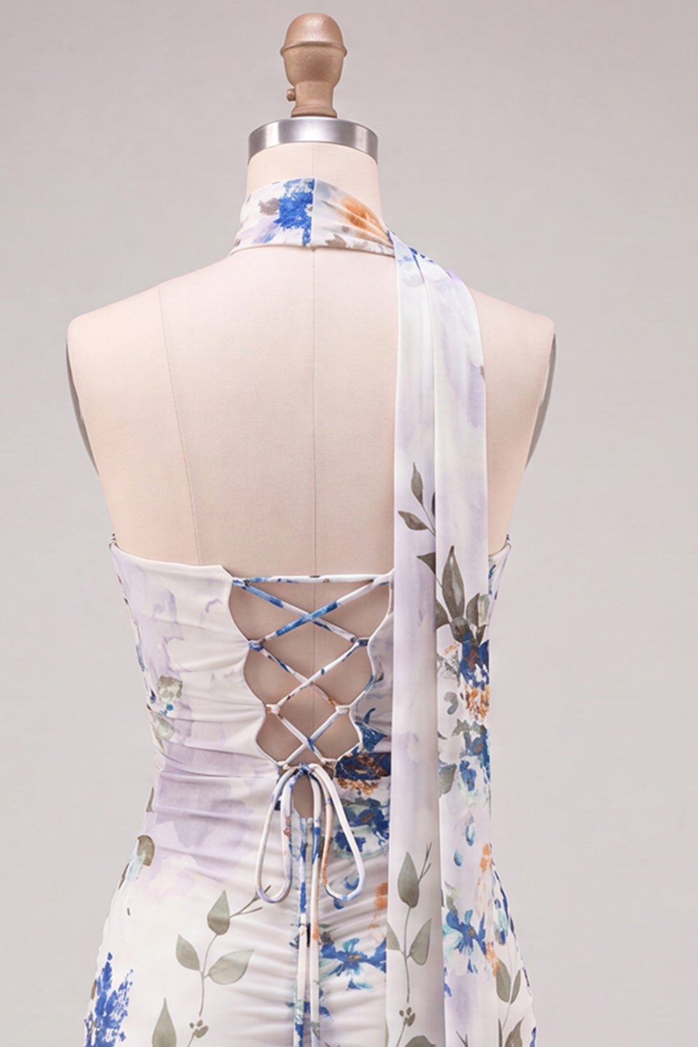 Strapless Ivory Floral Bodycon Short Homecoming Dress with Lace Up Back