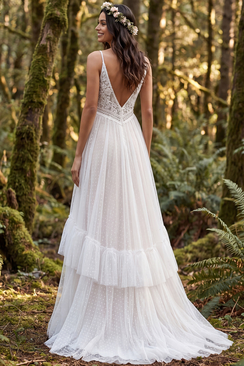 Ivory A-Line Ruffled Spaghetti Straps Long Wedding Dress