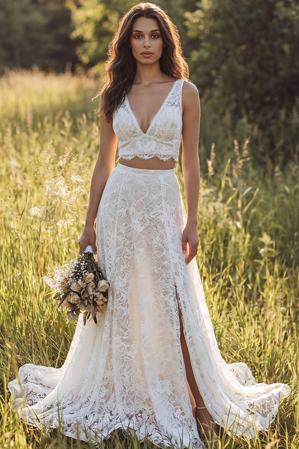 Ivory A-Line 2 Piece V-Neck Lace Long Wedding Dress with Slit