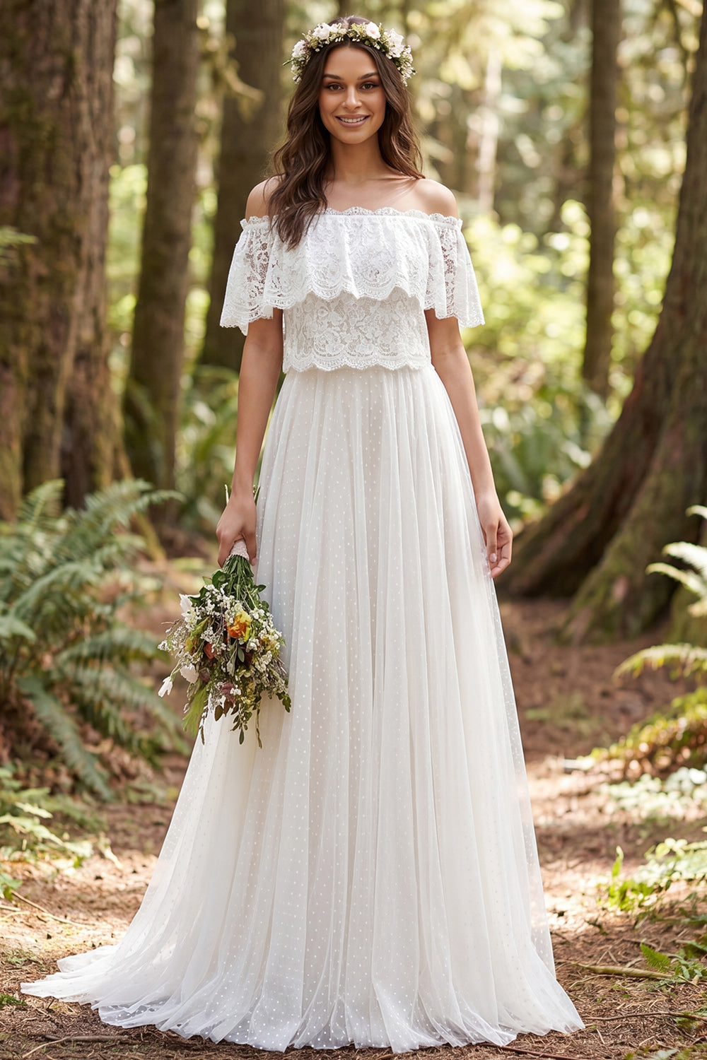 Off the Shoulder Ivory A-Line Long Tulle Wedding Dress