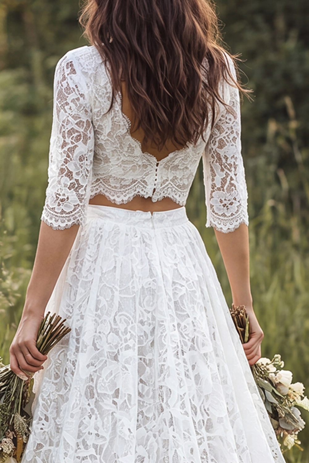 Ivory A-Line 2 Piece V-Neck Long Lace Wedding Dress with Half Sleeves
