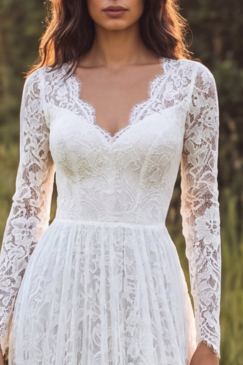 Ivory A-Line Lace V-Neck Long Wedding Dress with Long Sleeves