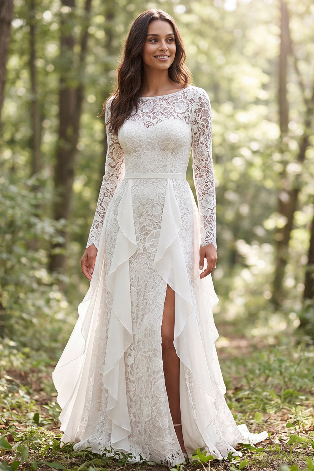 Lace A-Line Ivory Ruffled Long Sleeves Wedding Dress with Slit