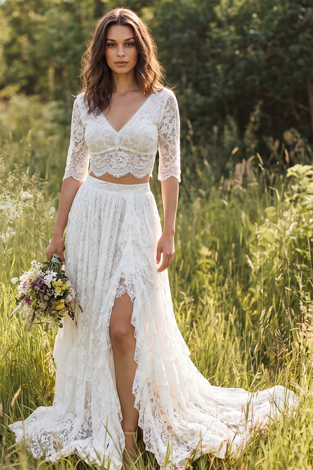 Ivory Lace A-Line V-Neck Half Sleeves Long Wedding Dress with Slit