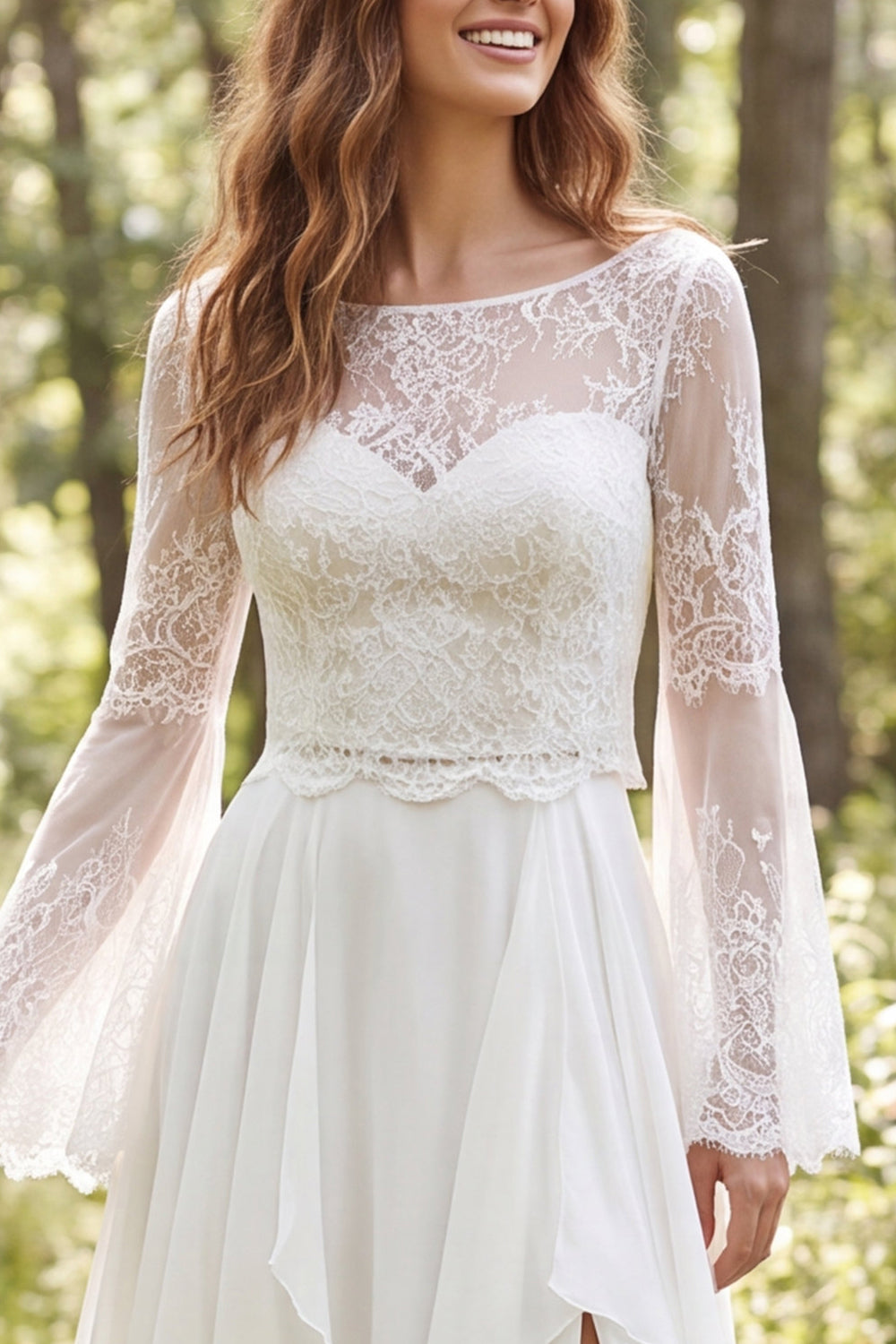 Ivory A-Line Chiffon Ruffled Long Sleeves Wedding Dress with Slit
