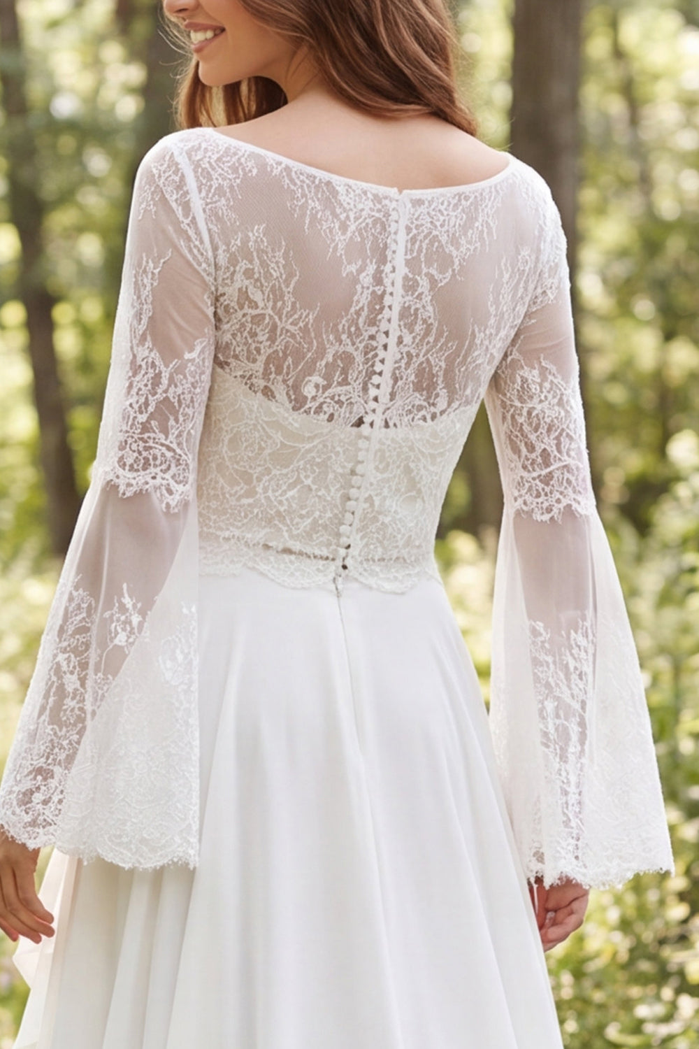 Ivory A-Line Chiffon Ruffled Long Sleeves Wedding Dress with Slit