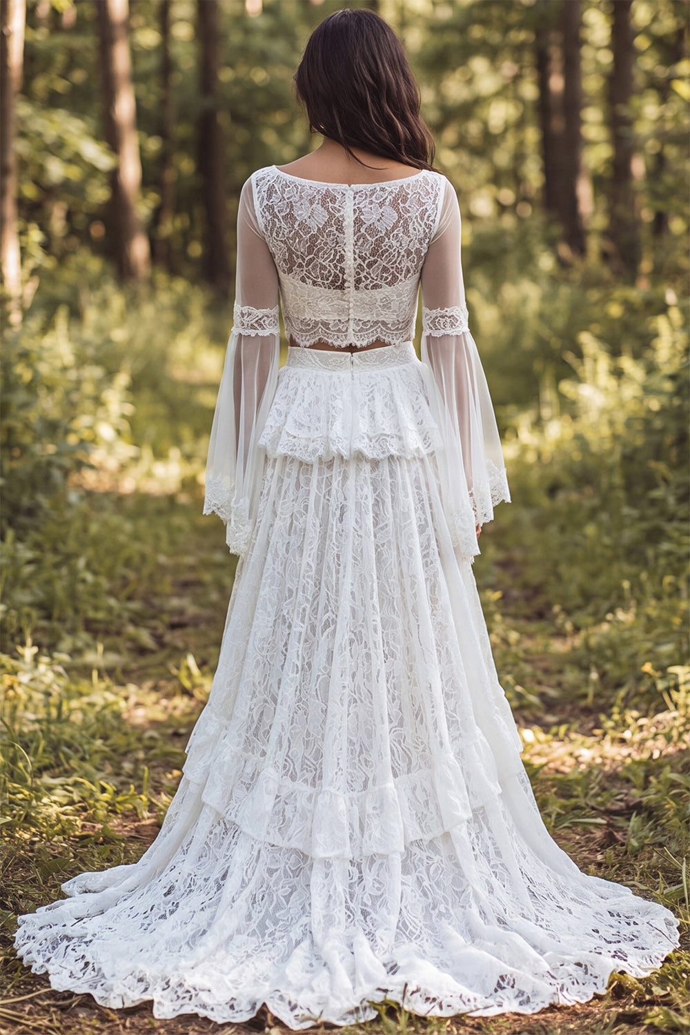 Ivory A-Line Bateau Neck Ruffled Long Wedding Dress with Slit