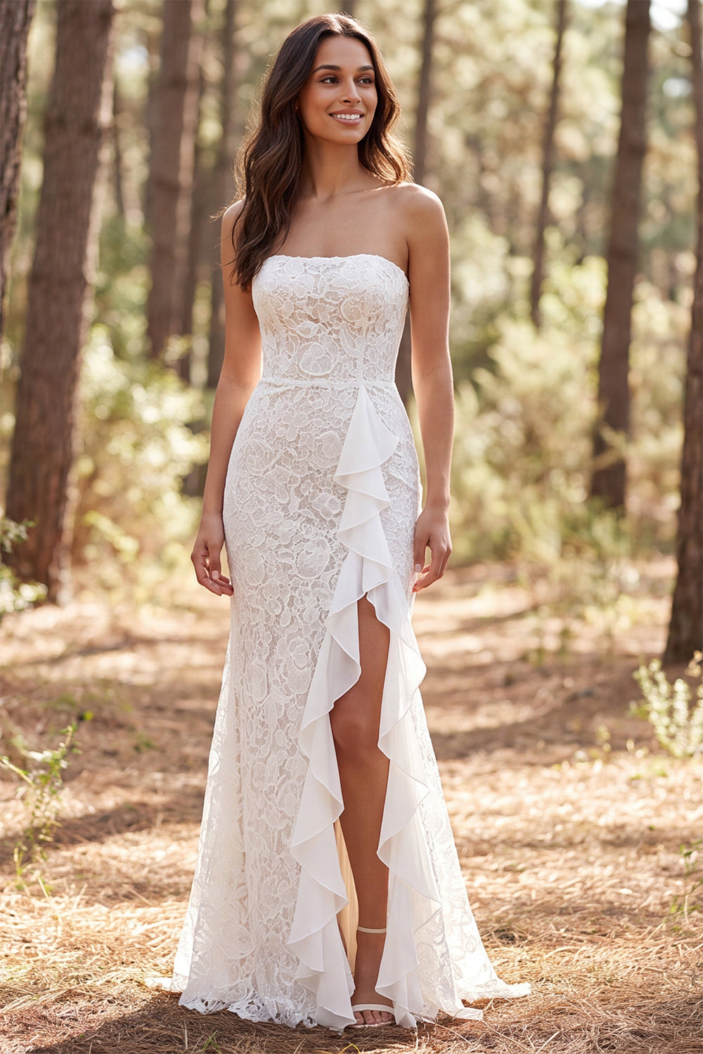 Strapless Ivory Mermaid Lace Ruffled Long Wedding Dress with Slit