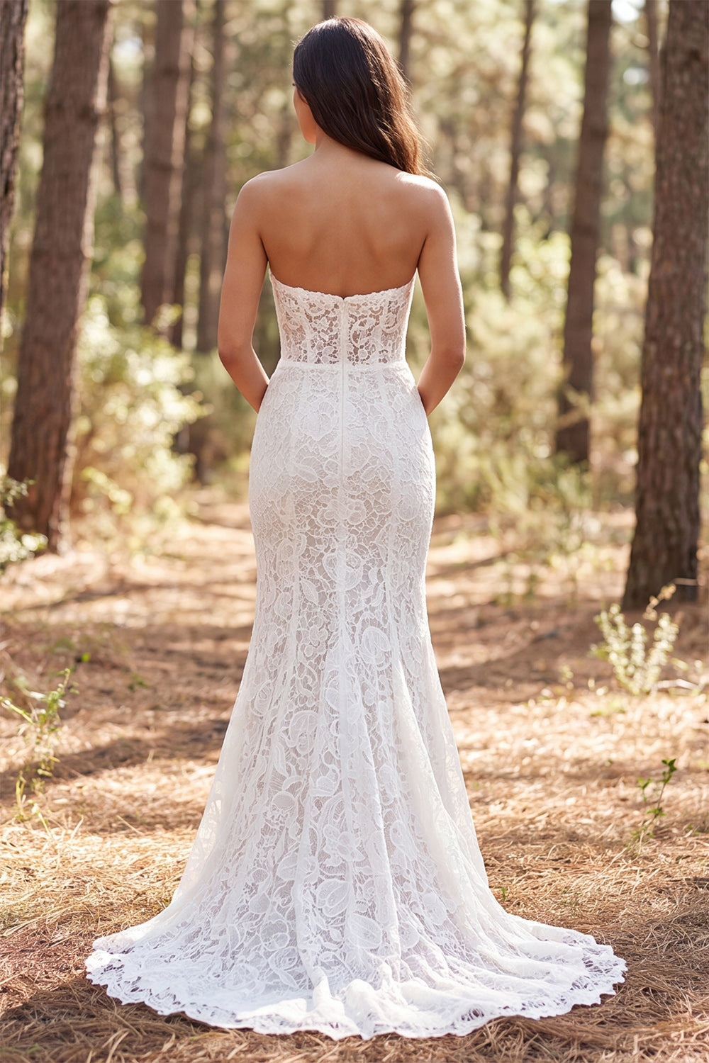 Strapless Ivory Mermaid Lace Ruffled Long Wedding Dress with Slit
