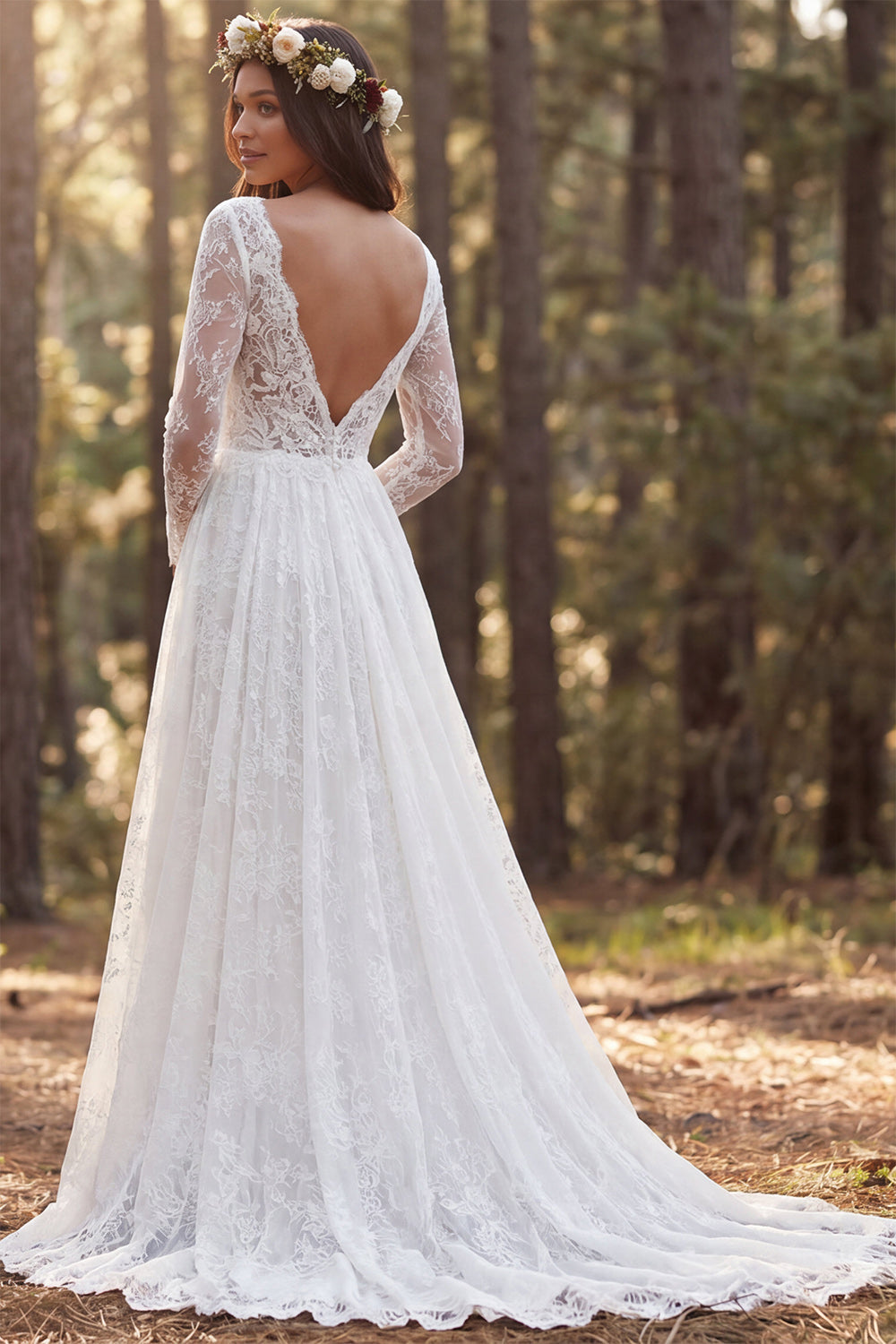 Ivory A-Line Long Sleeves Lace Wedding Dress with Slit