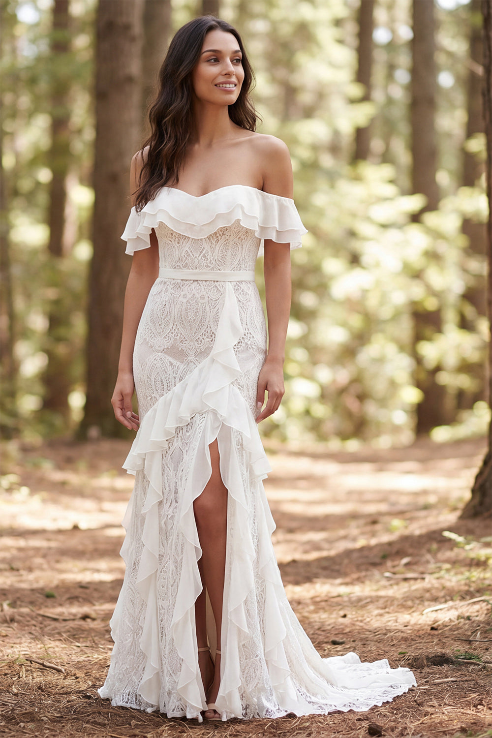 Off-the-Shoulder Ivory Lace Mermaid Long Wedding Dress with Ruffle Slit