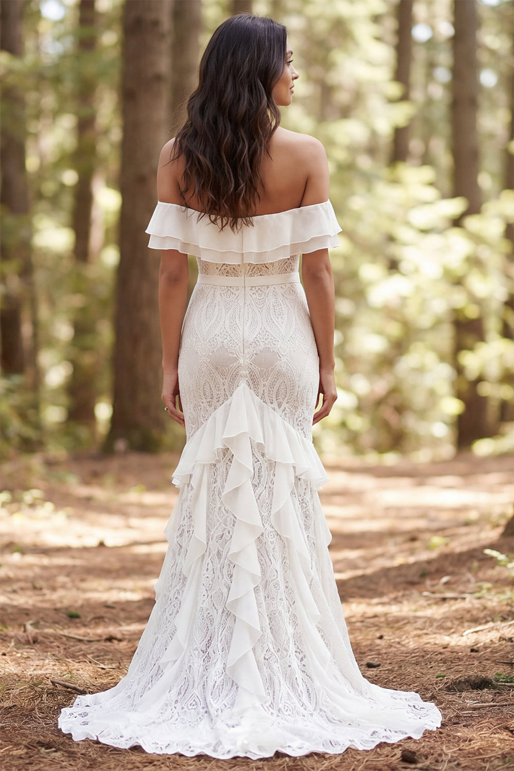 Off-the-Shoulder Ivory Lace Mermaid Long Wedding Dress with Ruffle Slit