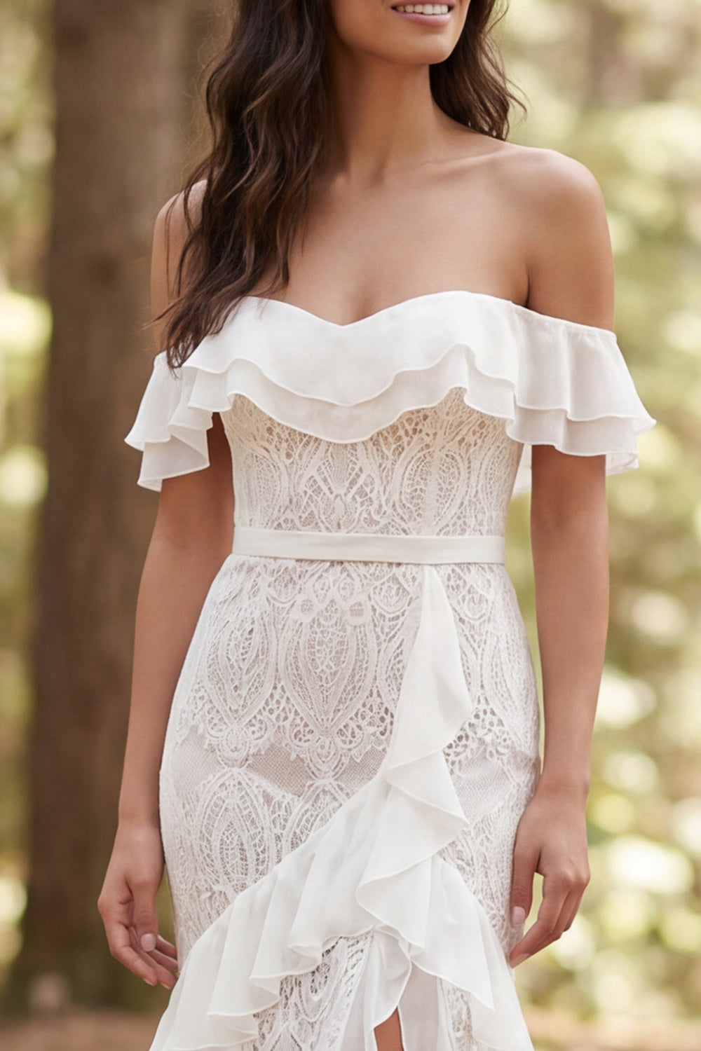 Off-the-Shoulder Ivory Lace Mermaid Long Wedding Dress with Ruffle Slit