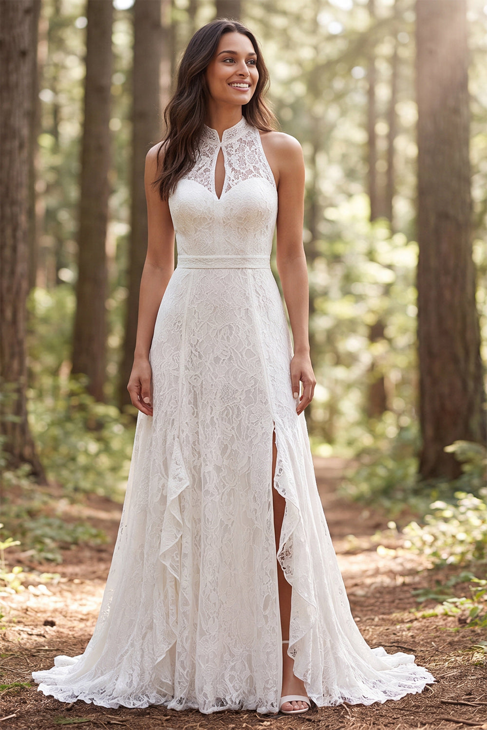 Robe de mariée longue évasée en dentelle ivoire licou avec fente