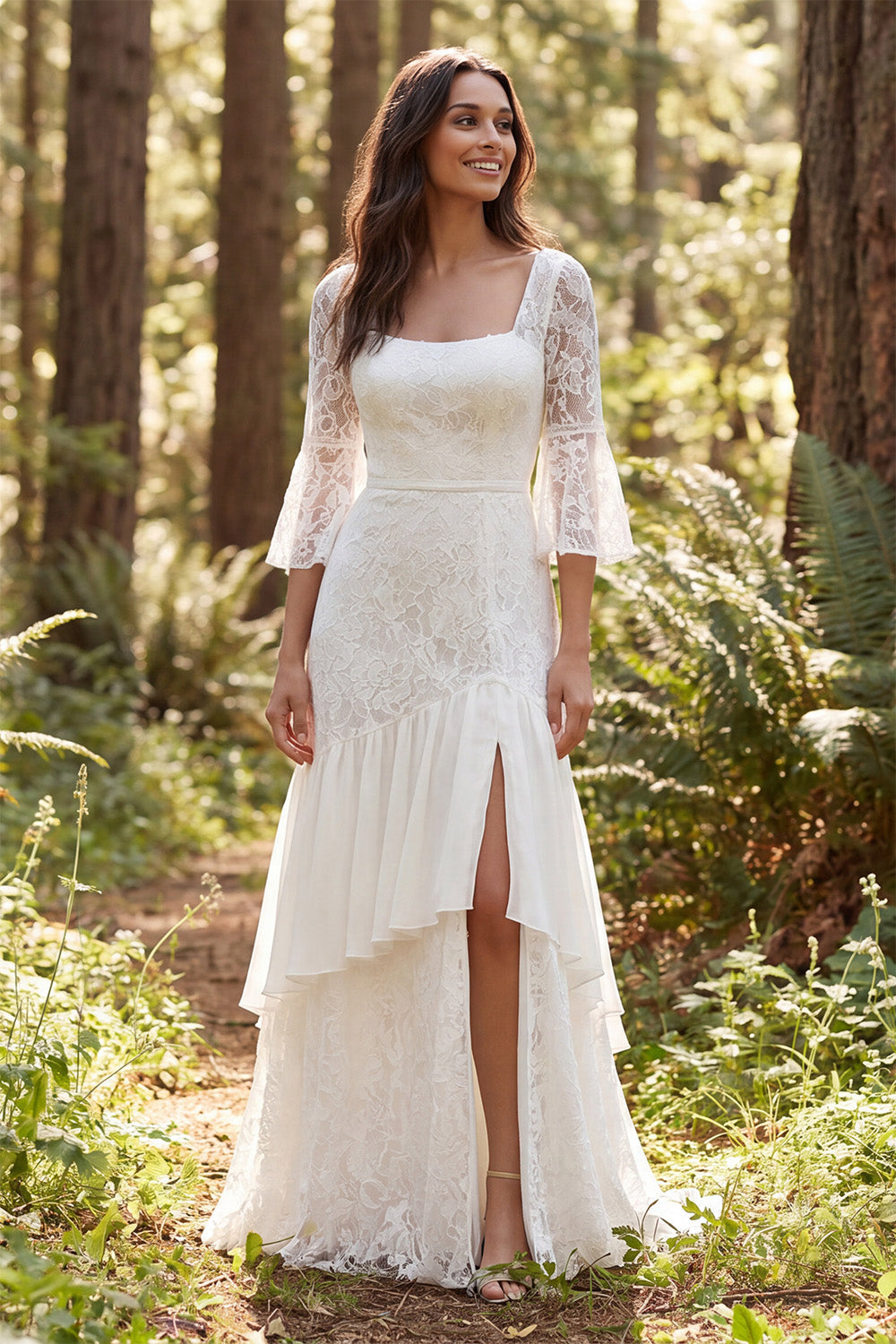 Ivory Lace A-Line 3/4 Sleeves Long Wedding Dress with Slit