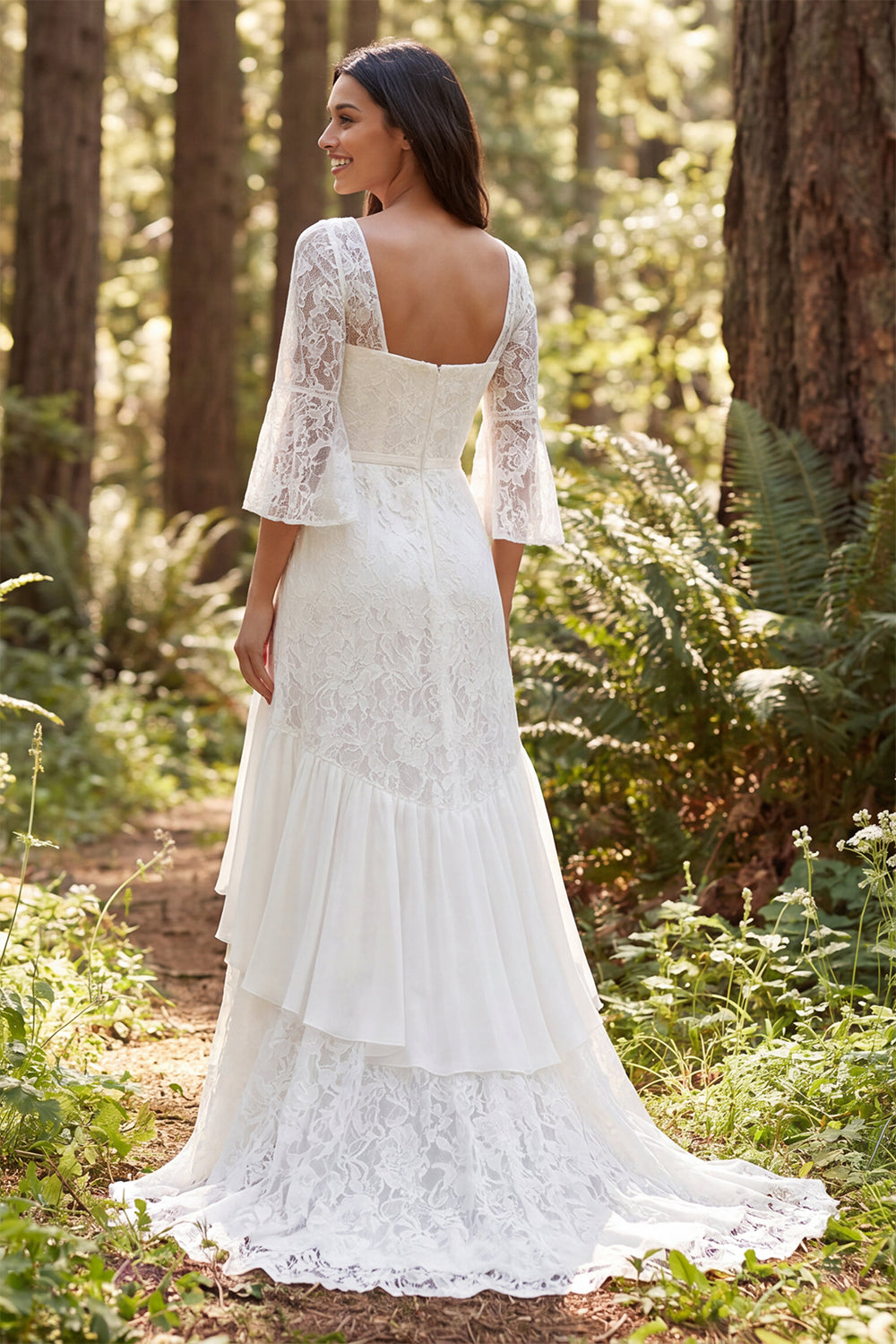 Ivory Lace A-Line 3/4 Sleeves Long Wedding Dress with Slit