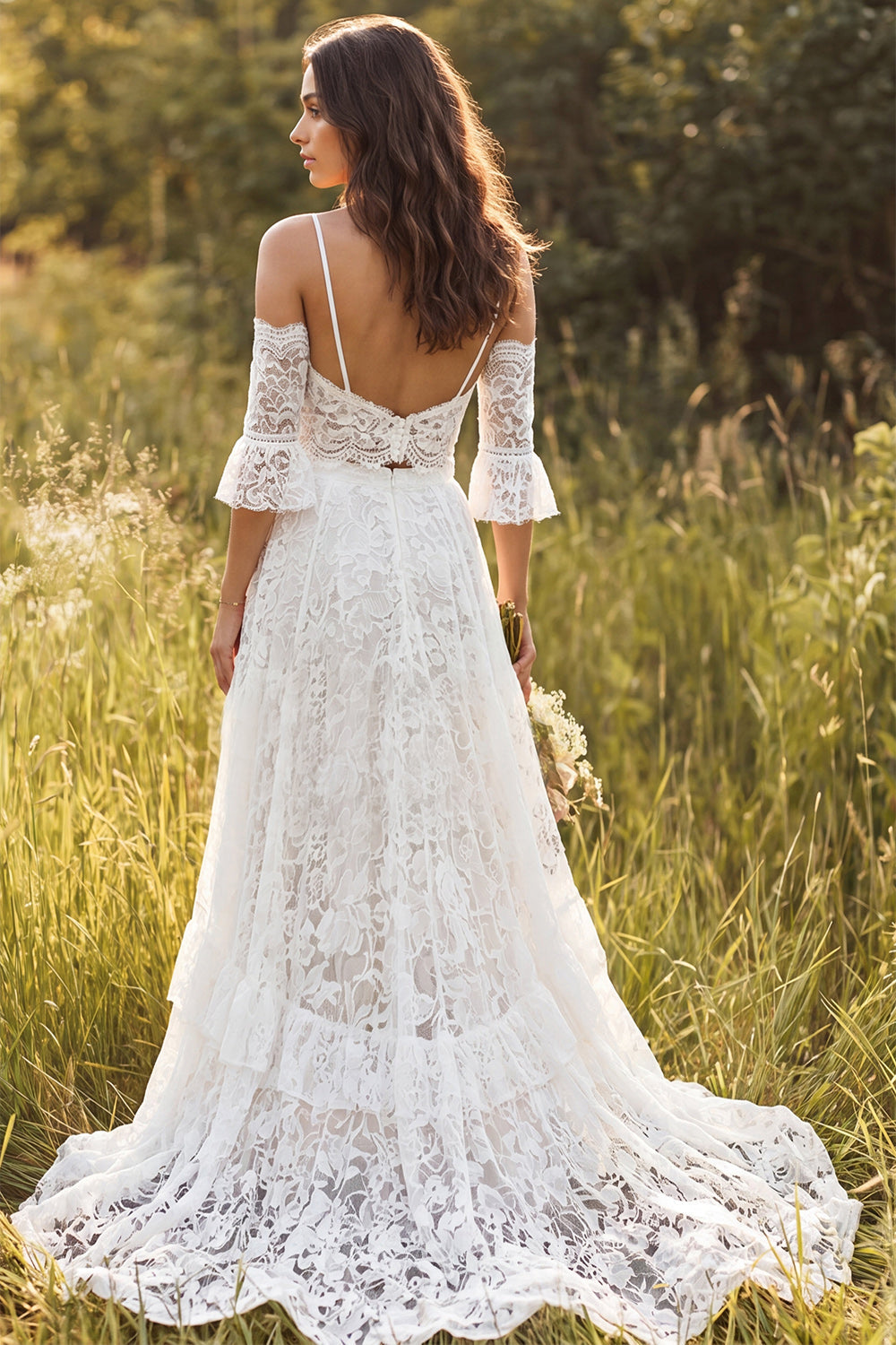 Ivory A-Line Spaghetti Straps Long Lace Wedding Dress with Slit