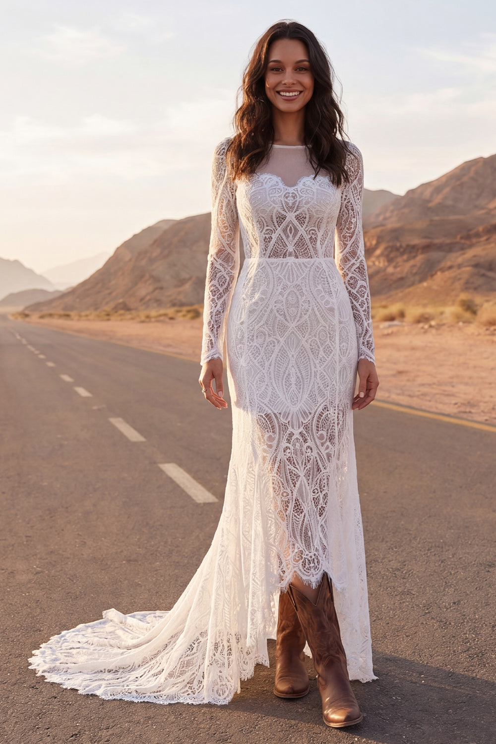 Ivory Mermaid Lace Long Wedding Dress with Long Sleeves