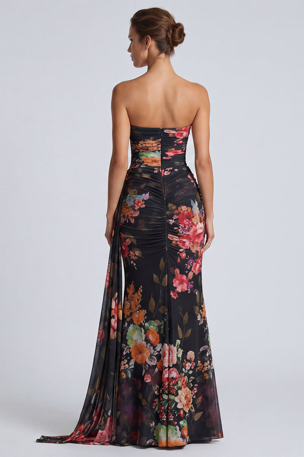 Black Strapless Mermaid Ruched Floral Long Formal Dress with Sash