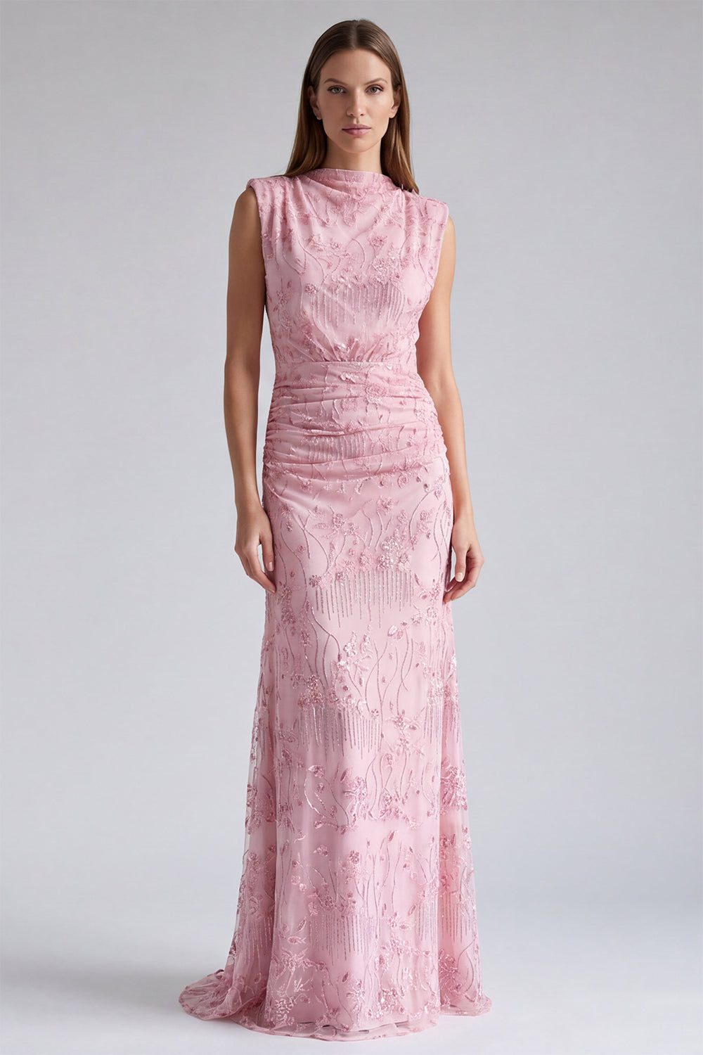 Pink Mermaid Sequins Floral Long Formal Dress