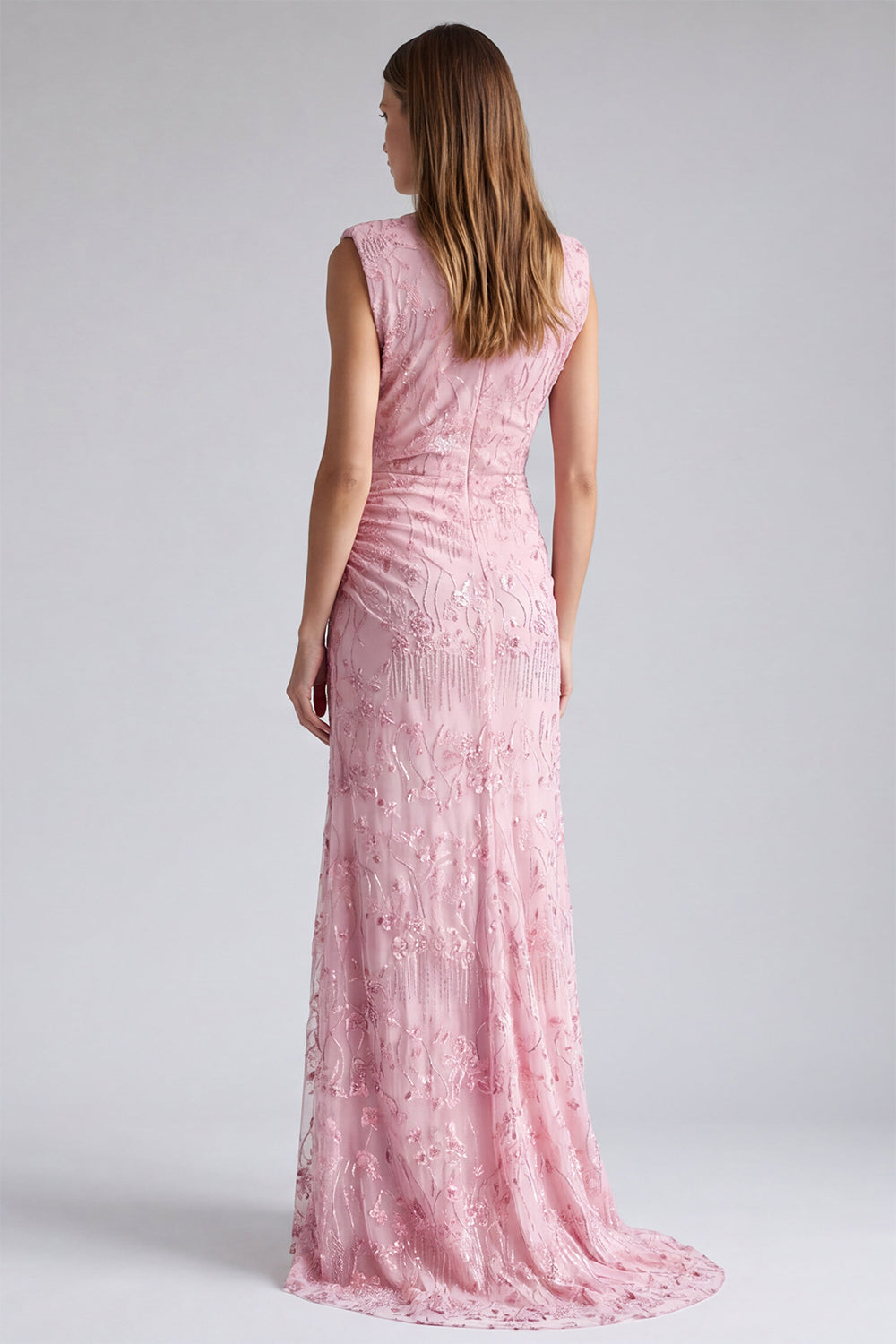Pink Mermaid Sequins Floral Long Formal Dress