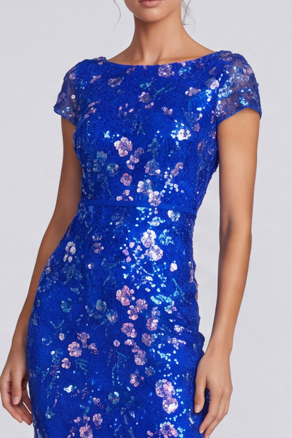Royal Blue Sequins Mermaid Bateau Neck Floral Long Formal Dress
