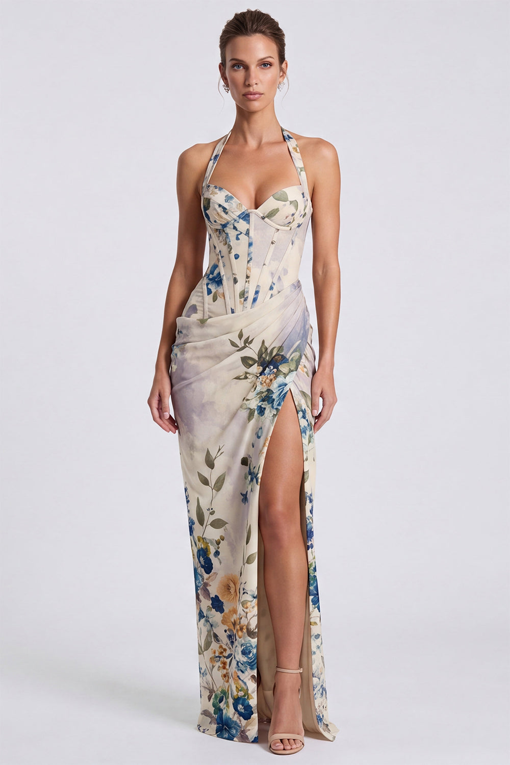 Robe de soirée longue sirène ivoire à col licou, corset floral et fente