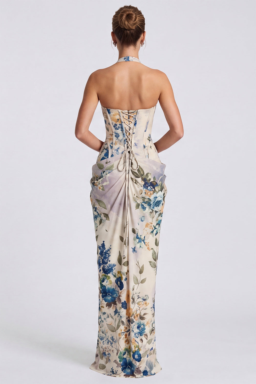 Robe de soirée longue sirène ivoire à col licou, corset floral et fente