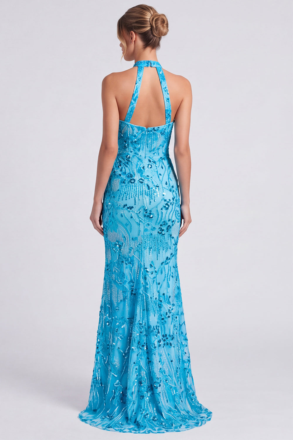 Pink Halter Neck Floral Mermaid Long Formal Dress with Slit