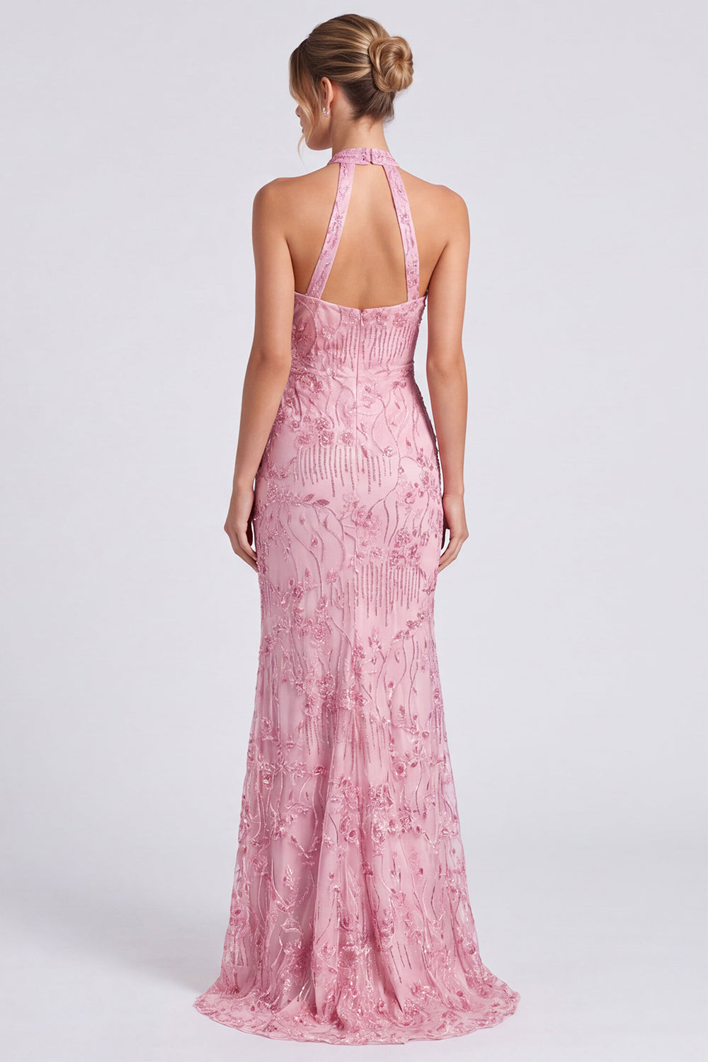 Pink Halter Neck Floral Mermaid Long Formal Dress with Slit