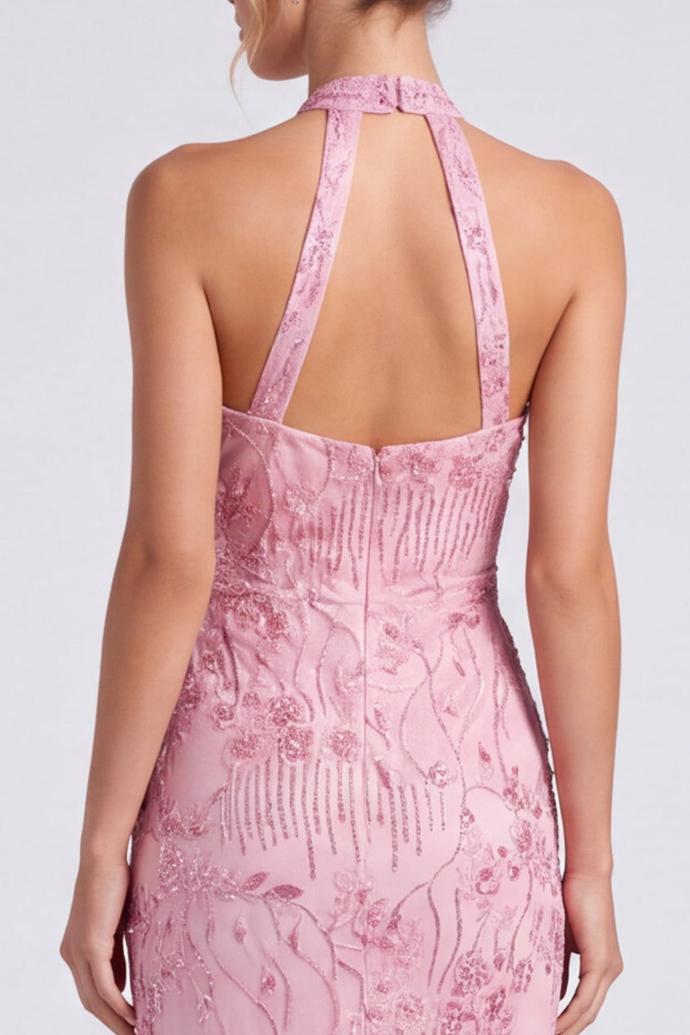 Pink Halter Neck Floral Mermaid Long Formal Dress with Slit