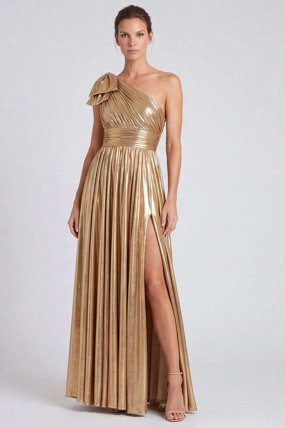 Gold Metallic One Shoulder A-Line Bow Long Formal Dress with Slit
