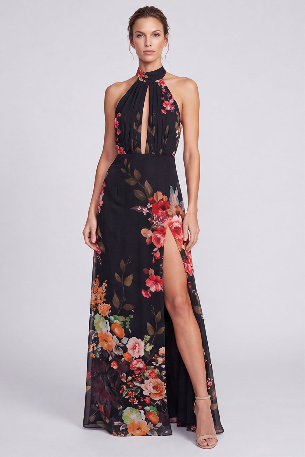 Halter Neck Black Mermaid Floral Chiffon Long Formal Dress with Slit