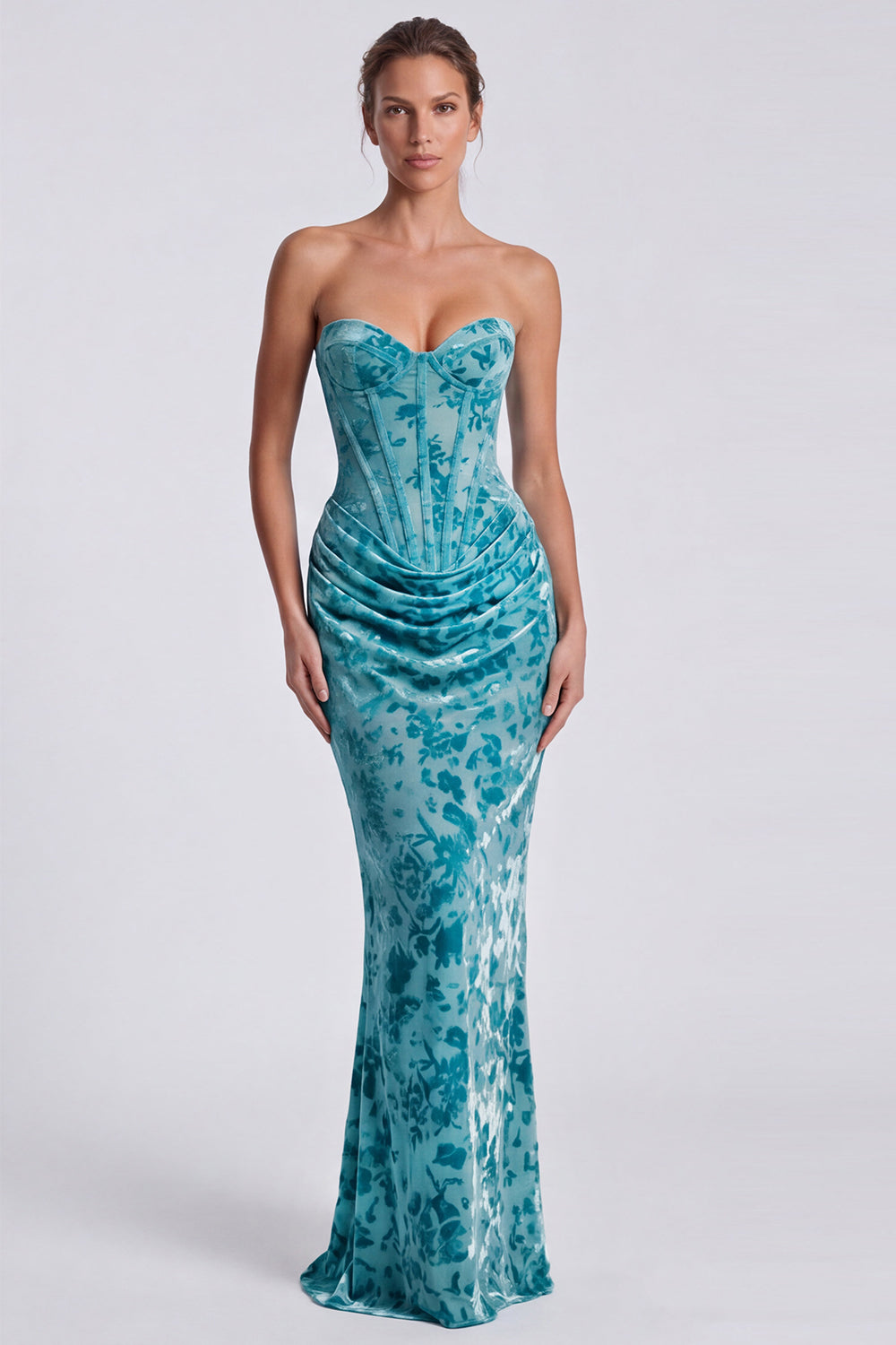 Pink Sweetheart Ruched Velvet Corset Mermaid Long Formal Dress