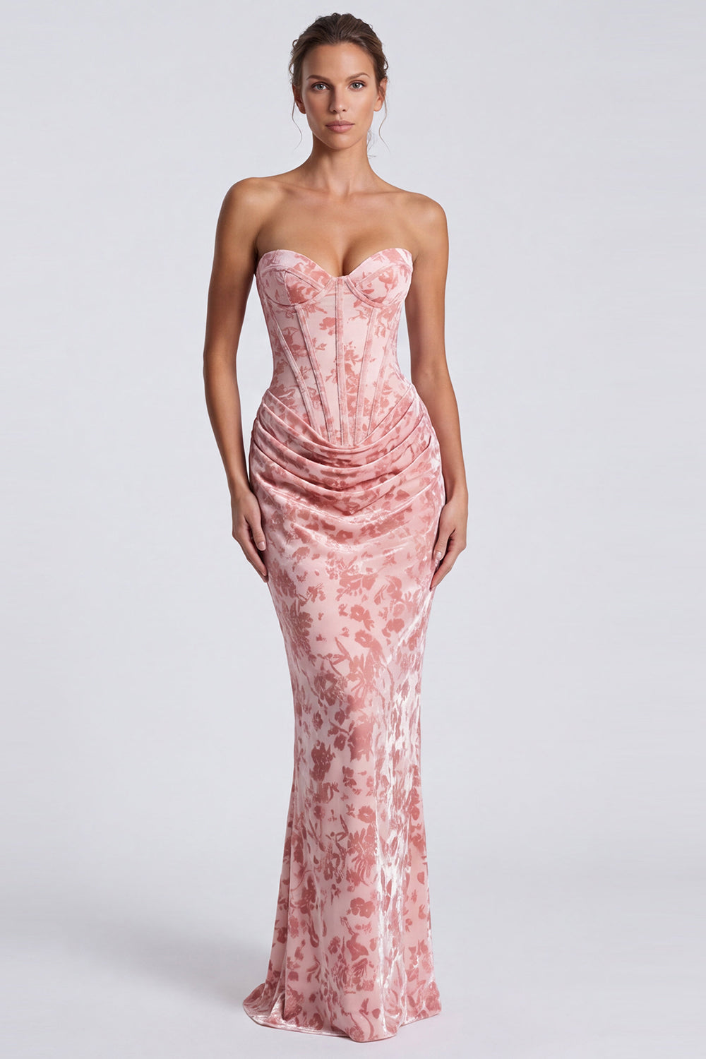 Pink Sweetheart Ruched Velvet Corset Mermaid Long Formal Dress