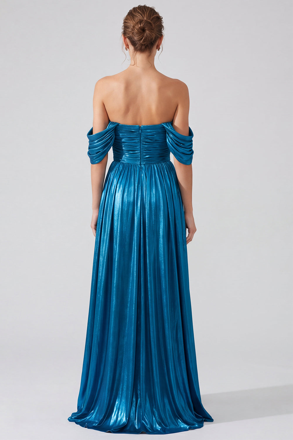 Off the Shoulder Gold Metallic Ruched A-Line Long Formal Dress with Slit