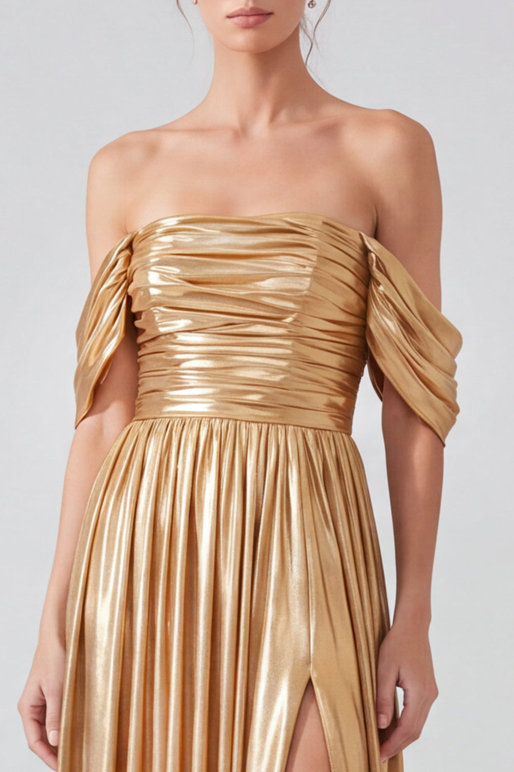 Off the Shoulder Gold Metallic Ruched A-Line Long Formal Dress with Slit