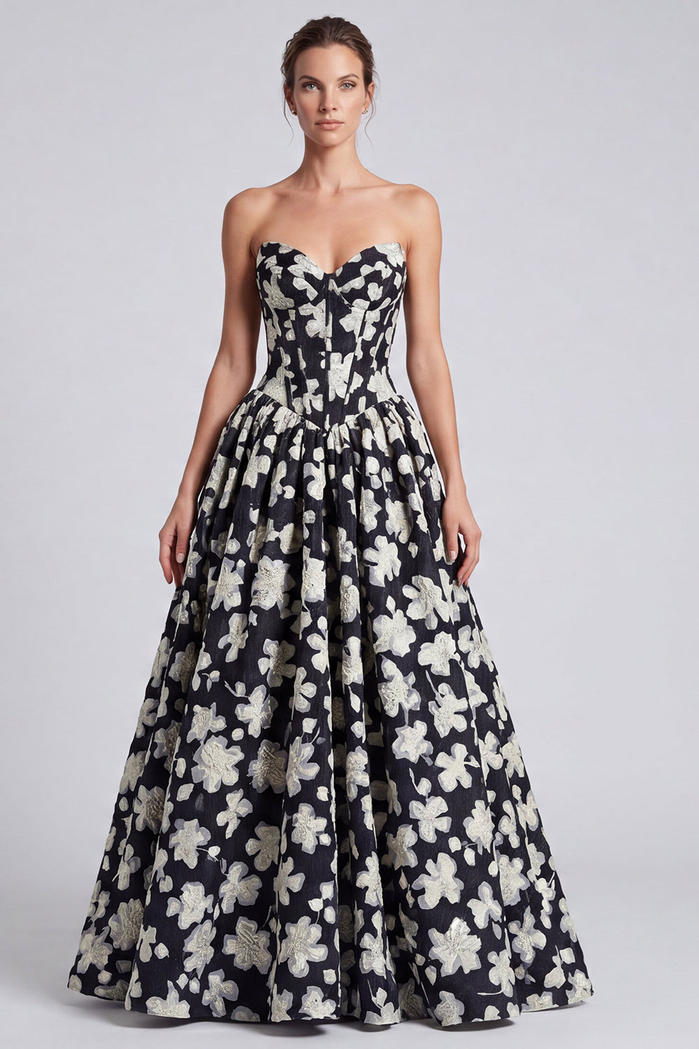 Black White Flower A-Line Sweetheart Corset Long Prom Dress with Lace-Up Back