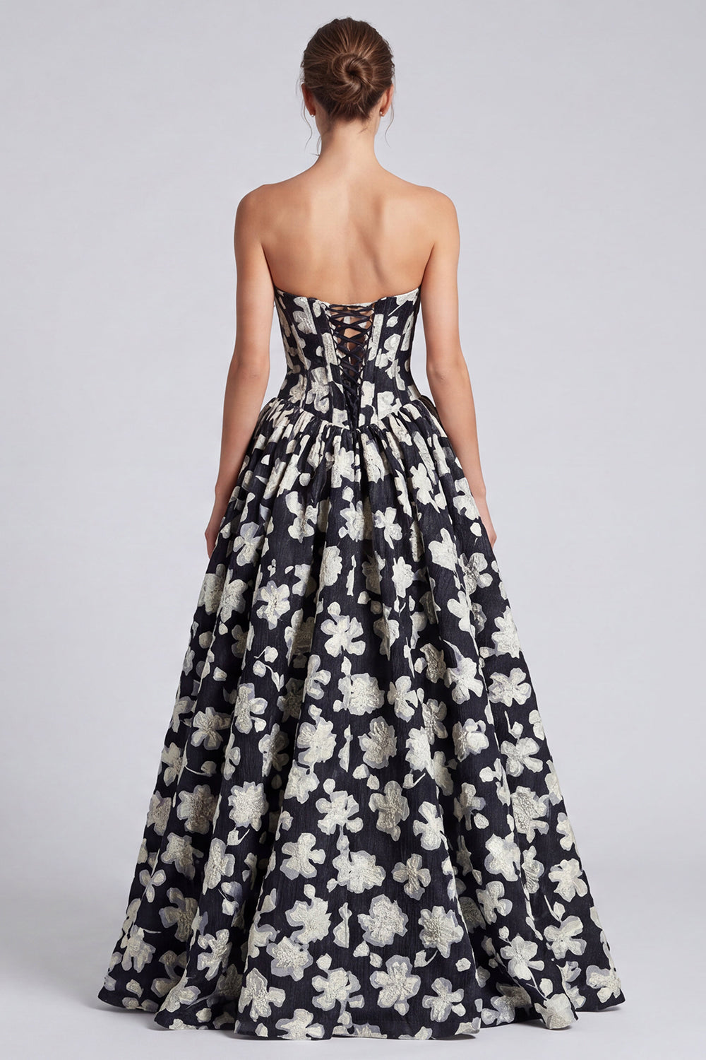 Black White Flower A-Line Sweetheart Corset Long Prom Dress with Lace-Up Back