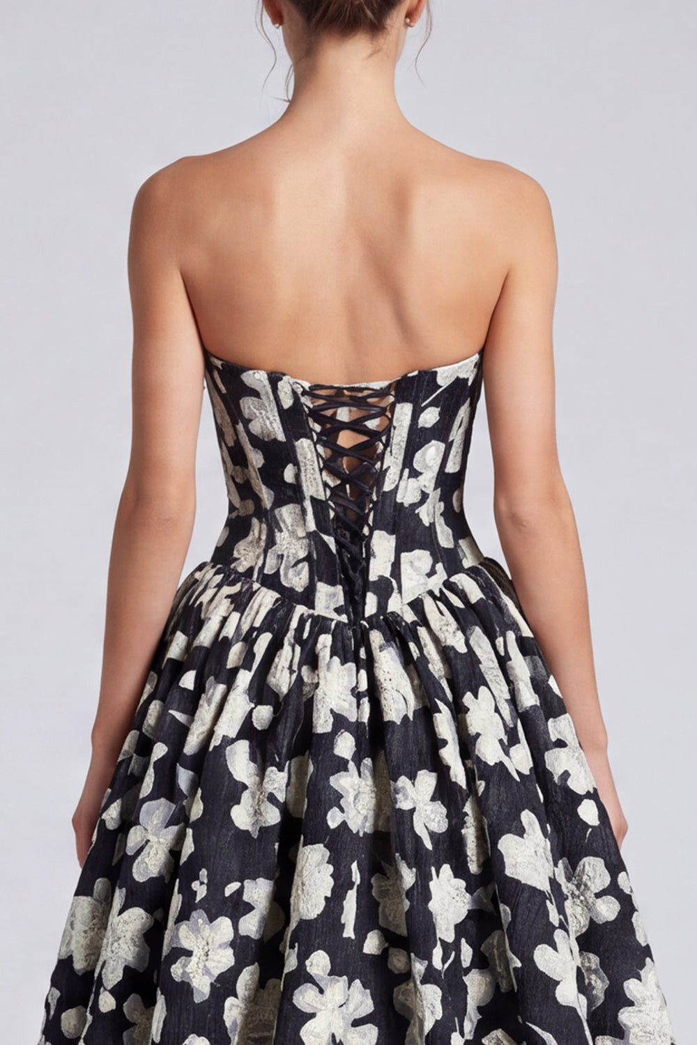 Black White Flower A-Line Sweetheart Corset Long Prom Dress with Lace-Up Back