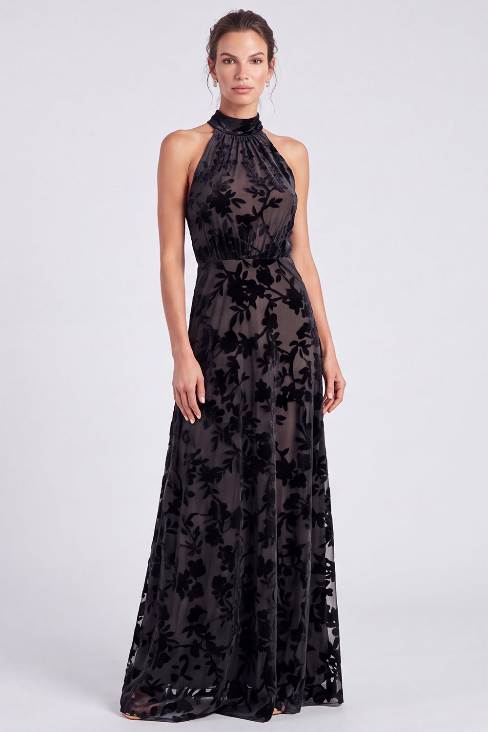 Olive Halter Neck A-Line Velvet Floral Long Formal Dress
