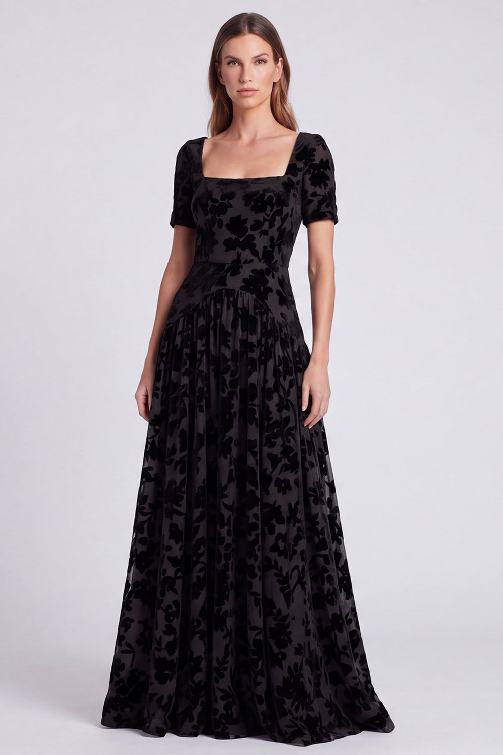 Peacock Blue Square Neck A-Line Velvet Floral Long Formal Dress with Short Sleeves