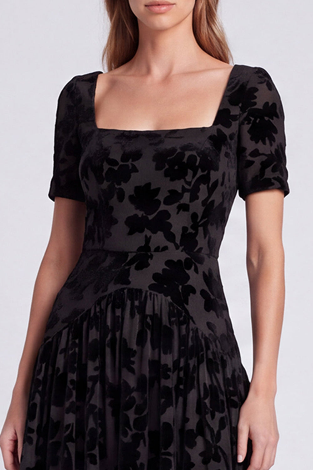 Peacock Blue Square Neck A-Line Velvet Floral Long Formal Dress with Short Sleeves