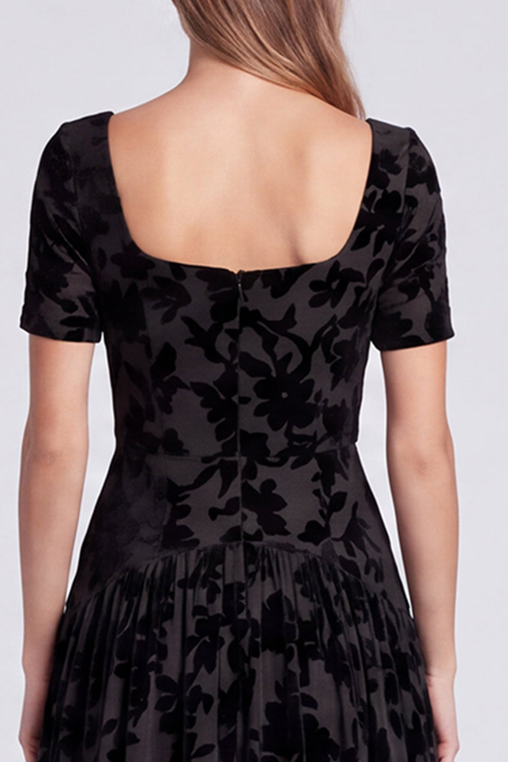 Peacock Blue Square Neck A-Line Velvet Floral Long Formal Dress with Short Sleeves