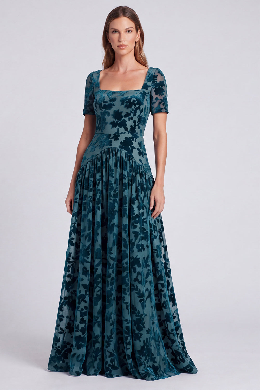 Peacock Blue Square Neck A-Line Velvet Floral Long Formal Dress with Short Sleeves